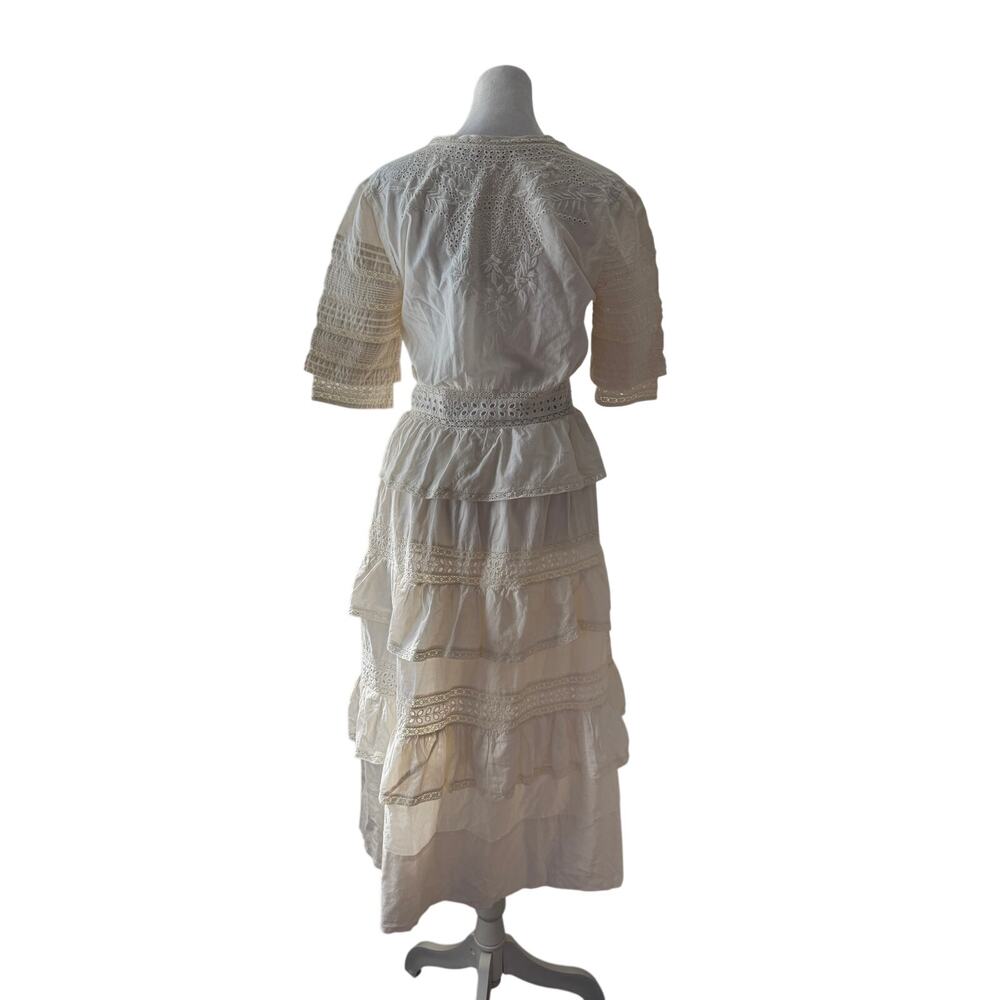 LoveShackFancy Rebecca 100% Cotton White Lace Embroidered Tiered Midi Dress - Picture 11 of 14